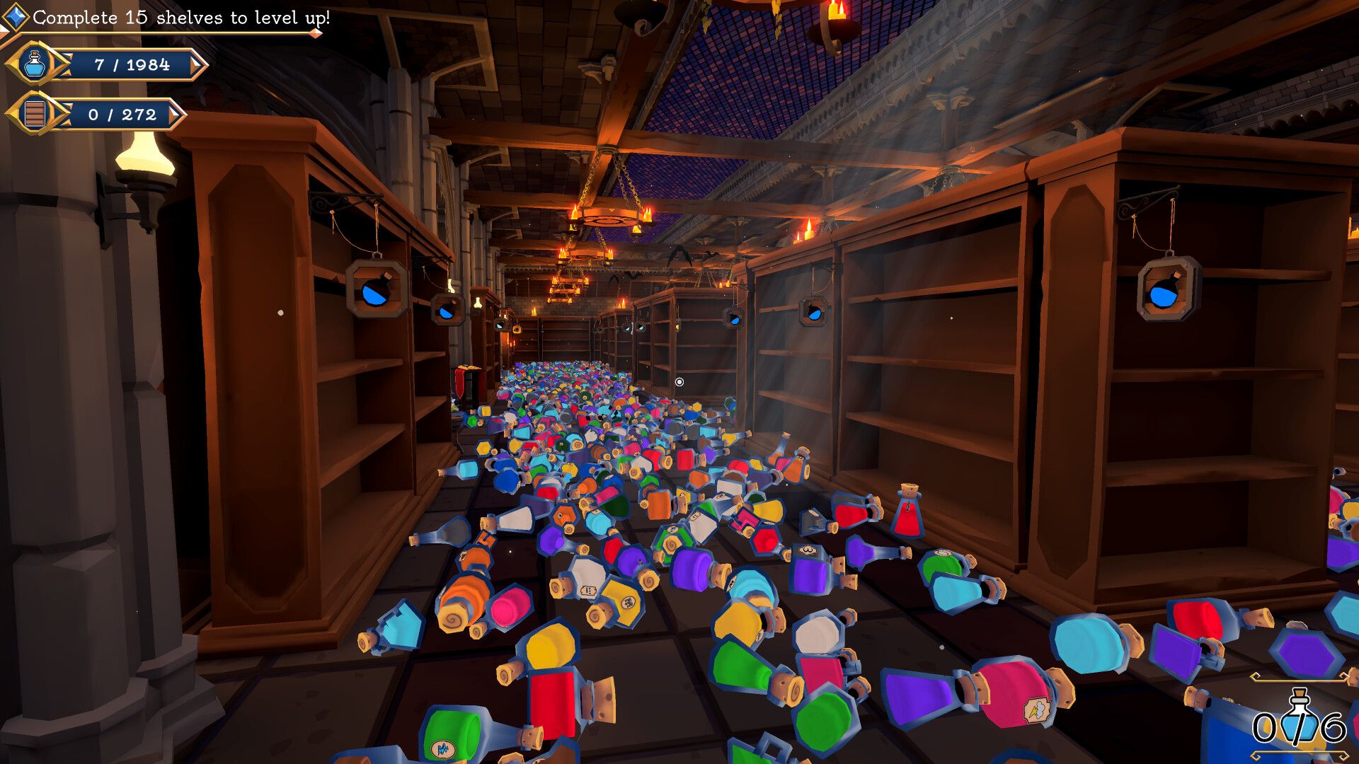Official Shelve the Potions gameplay screenshot showing a cellar full of fallen potion bottles, empty shelves, and warm torchlight.