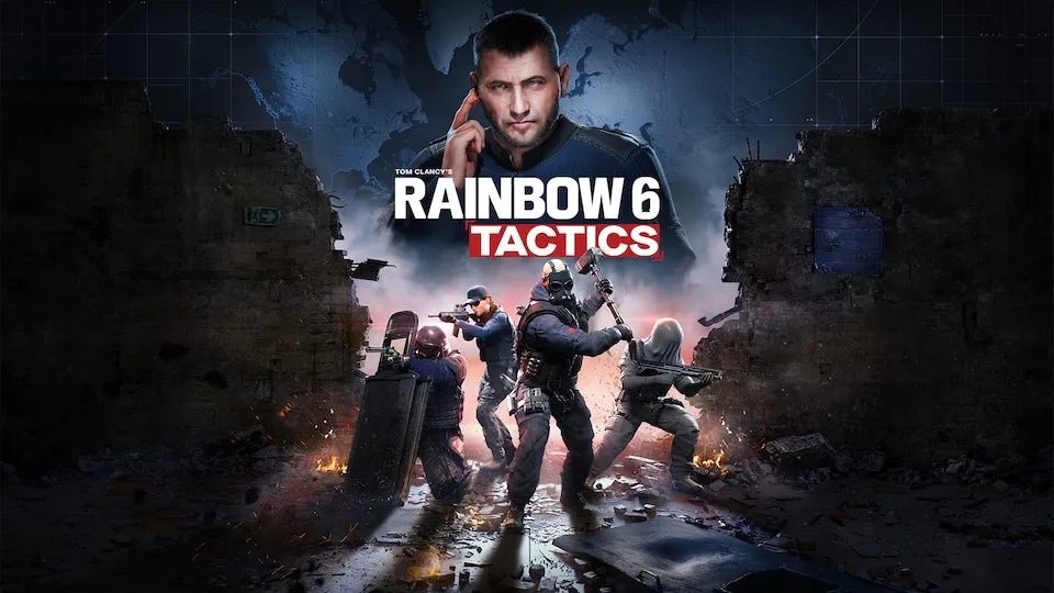 Official Ubisoft reveal art for Rainbow Six Tactics showing operators advancing through a tactical breach scenario.