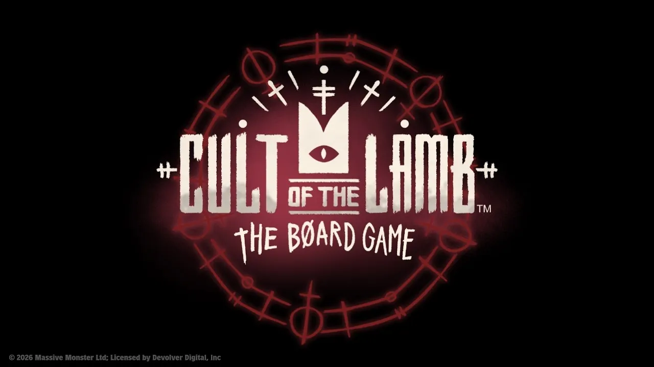 Official Cult of the Lamb: The Board Game trailer thumbnail showing the tabletop adaptation art and components.