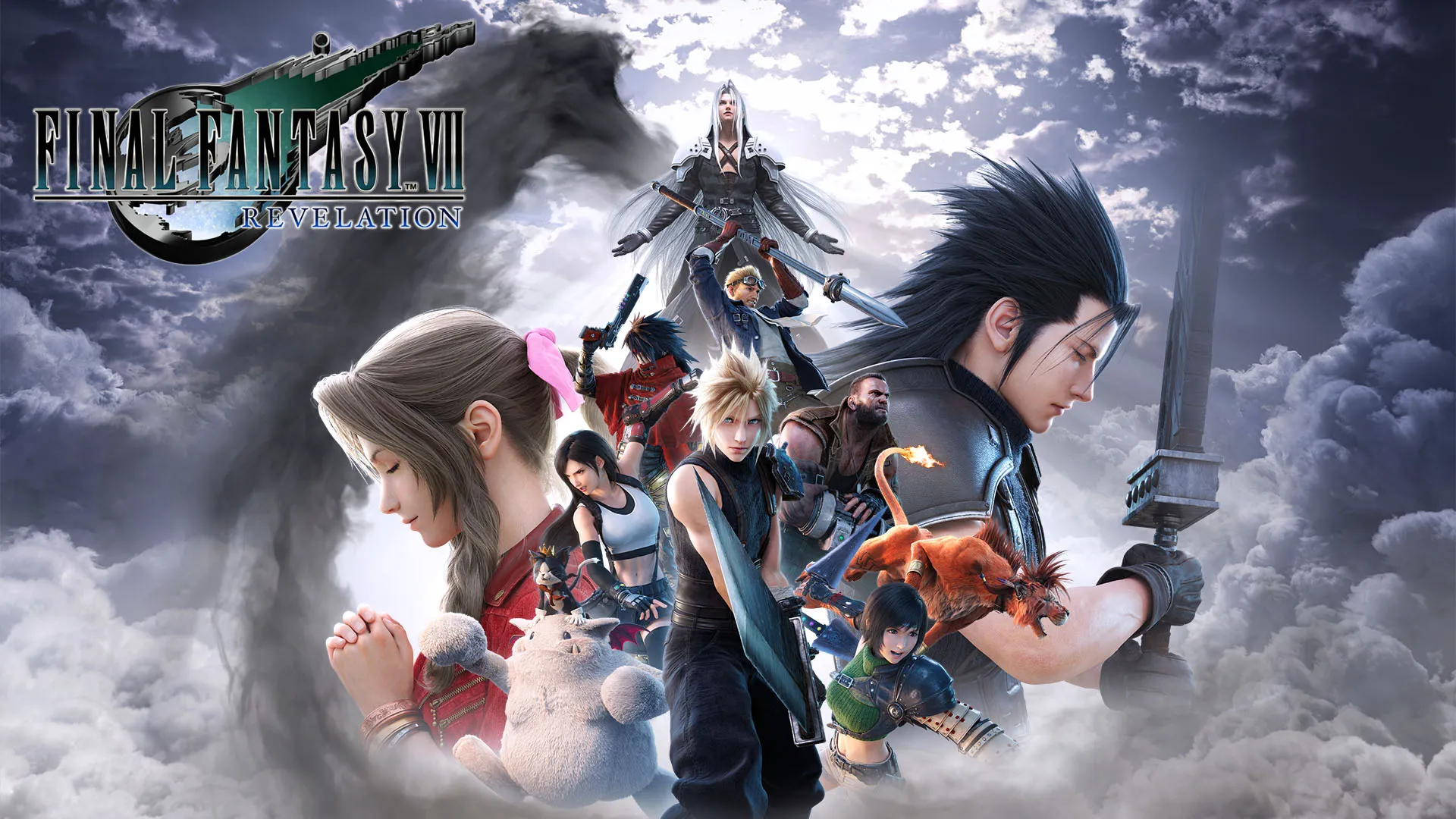 Official Final Fantasy VII Revelation key art from Square Enix showing the party against a dramatic sky backdrop.