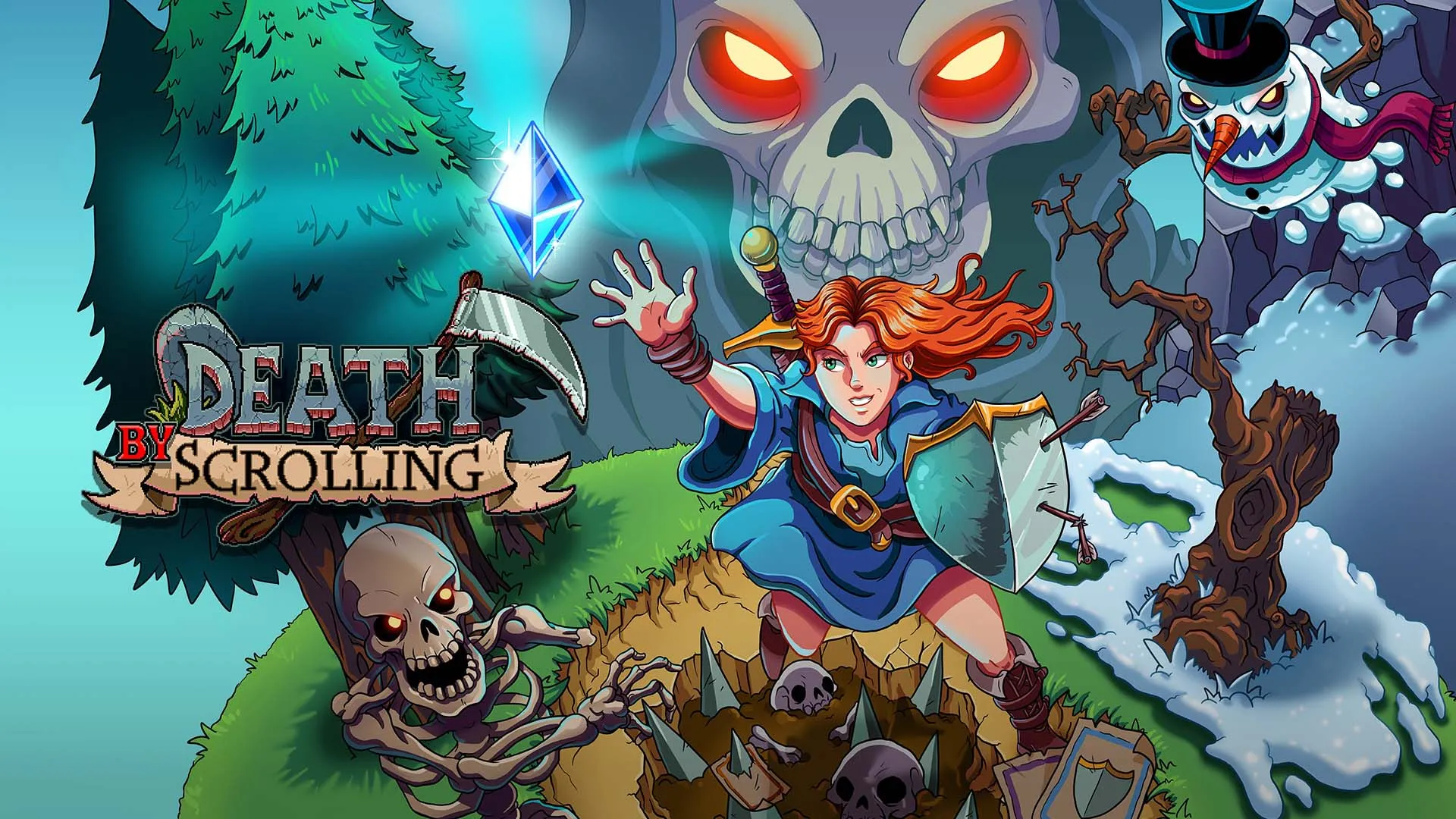 Official Death by Scrolling Xbox launch artwork showing the game's vertically scrolling action and logo.