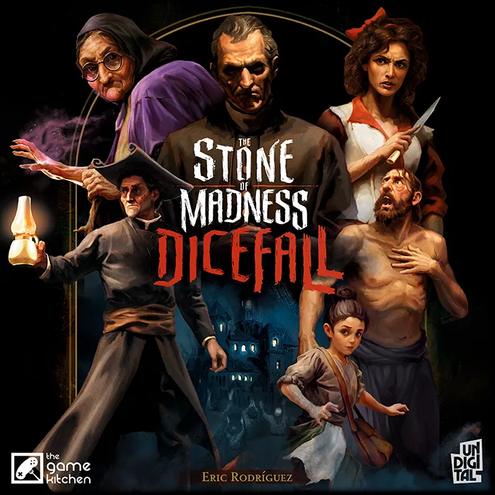 Official The Stone of Madness: Dicefall campaign art showing five prisoners before a shadowy monastery.