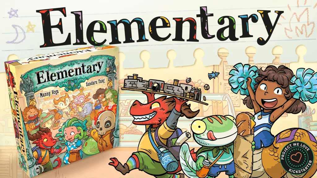 Official Elementary Kickstarter campaign art from Littlest Lantern showing the game box and monster students.