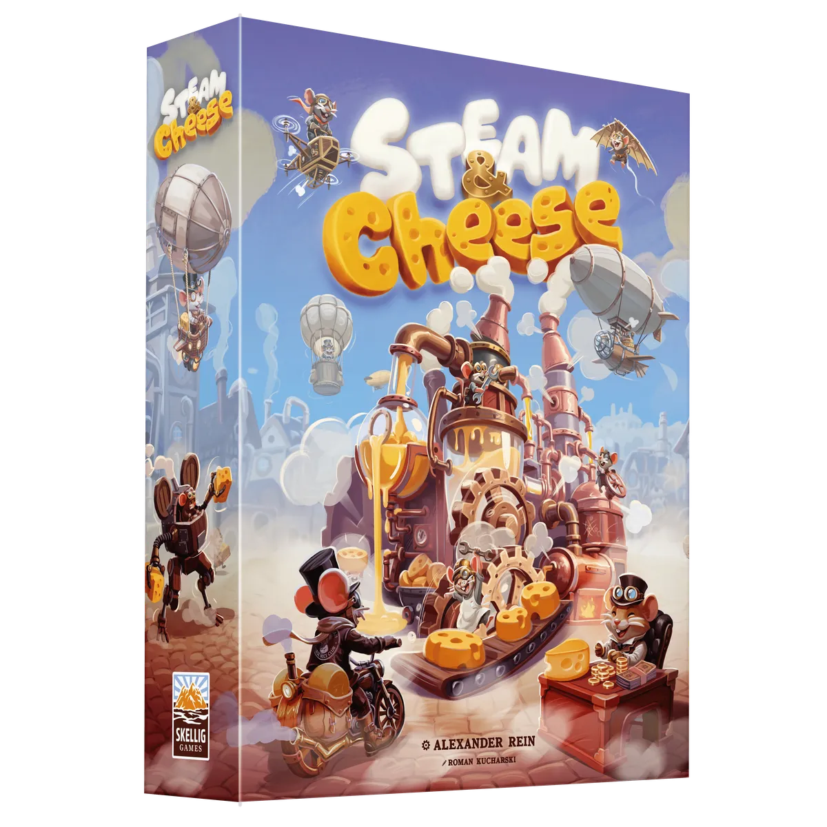 Official Steam & Cheese box art showing steampunk mice operating a cheese factory beneath airships.
