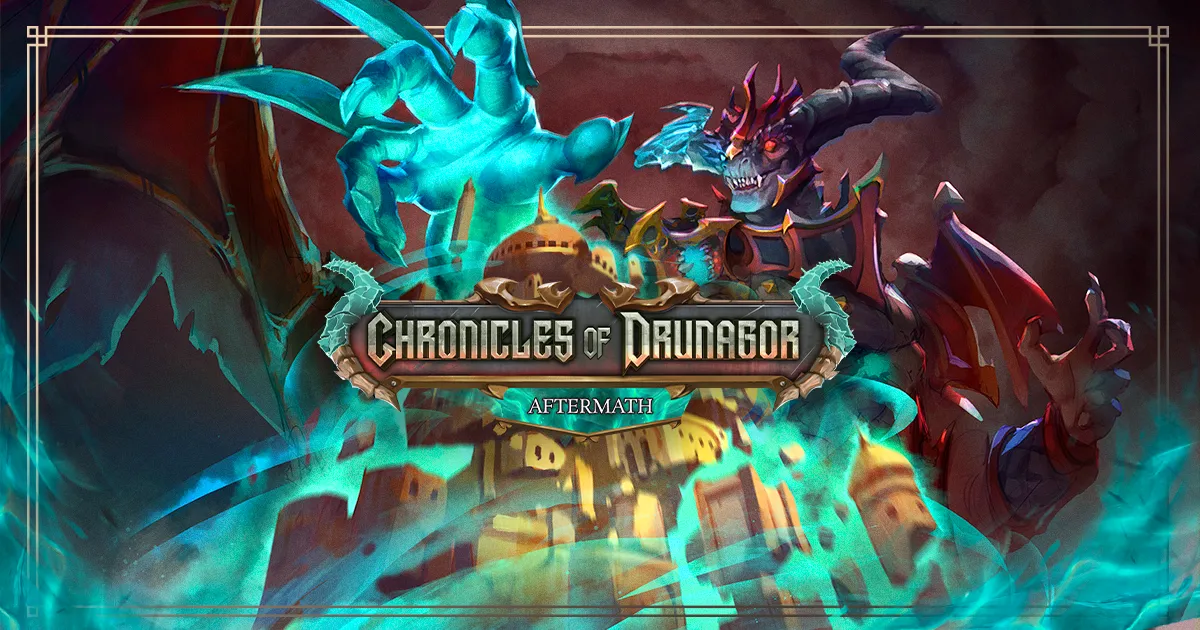 Official Chronicles of Drunagor: Aftermath campaign art showing a fantasy fortress, dragon, and the game title.