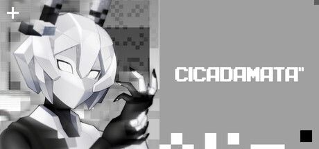 Official CICADAMATA Steam header art showing the game's stark sci-fi style and first-person action framing.