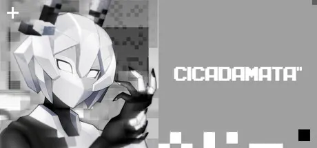 Official CICADAMATA Steam header art showing the game's stark sci-fi style and first-person action framing.