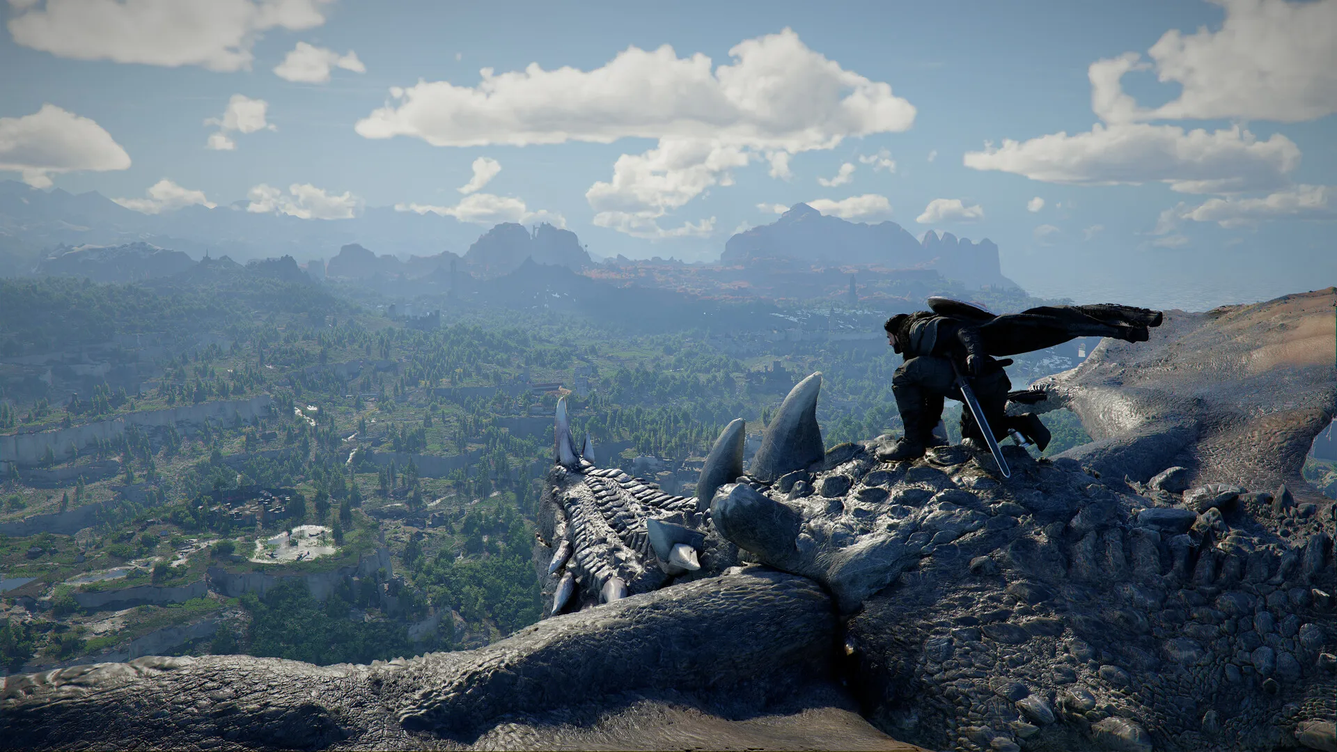 Official Crimson Desert screenshot showing Kliff crouched on a giant creature above a wide view of Pywel.