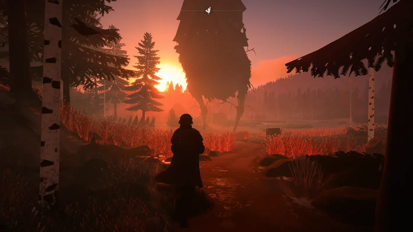 A witch faces a chicken-legged cottage silhouetted against a forest sunset in REKA.