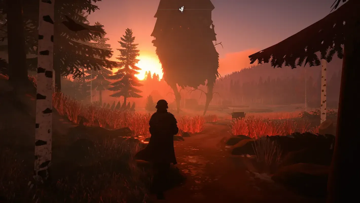 A witch faces a chicken-legged cottage silhouetted against a forest sunset in REKA.