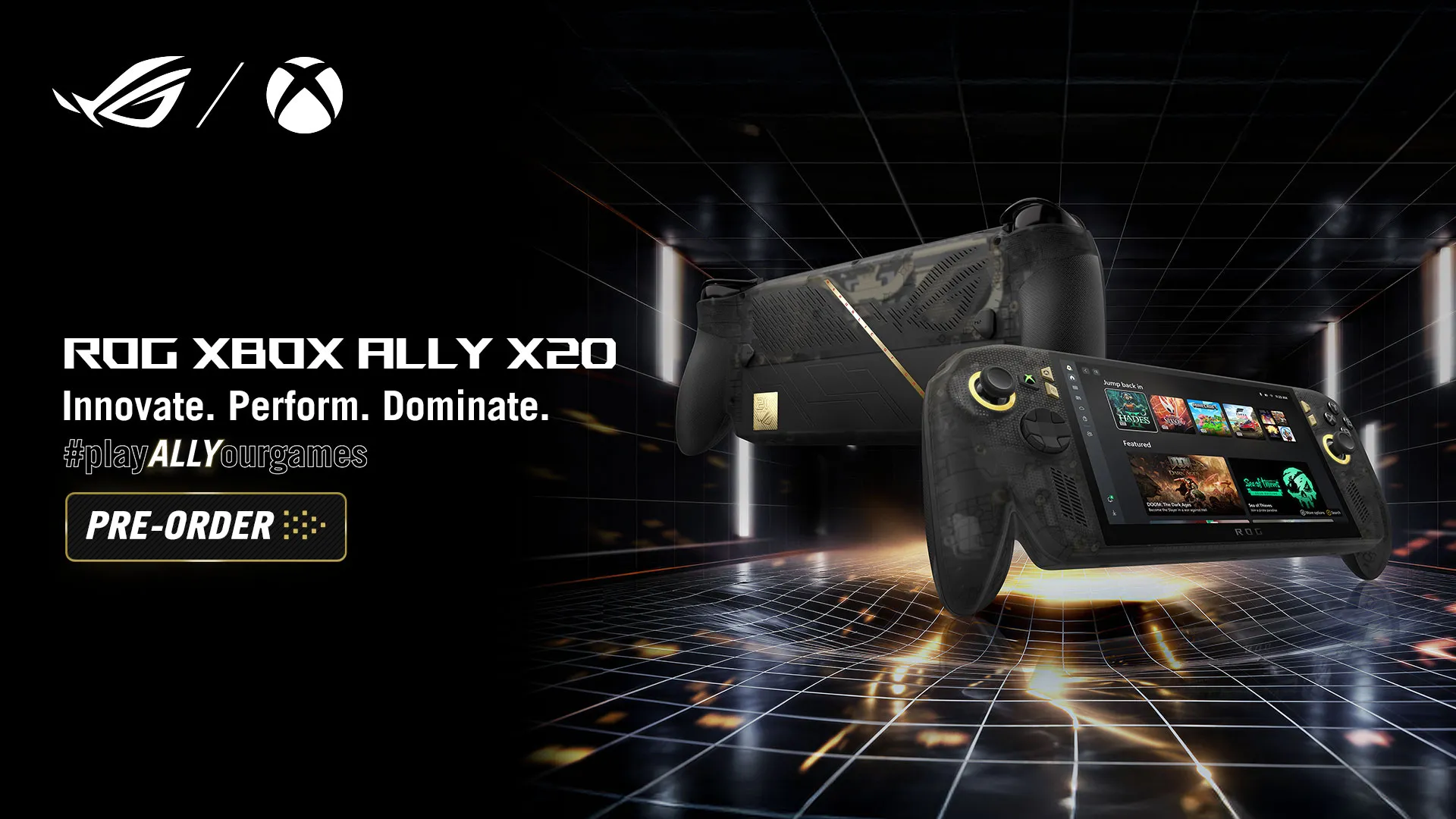 Official Xbox Wire hero image showing the ROG Xbox Ally X20 handheld against a dark background.