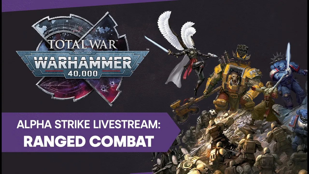 Oficjalna miniatura streamu Total War: WARHAMMER 40,000 Alpha Strike pokazująca tytuł gry nad dużą sceną bitwy.