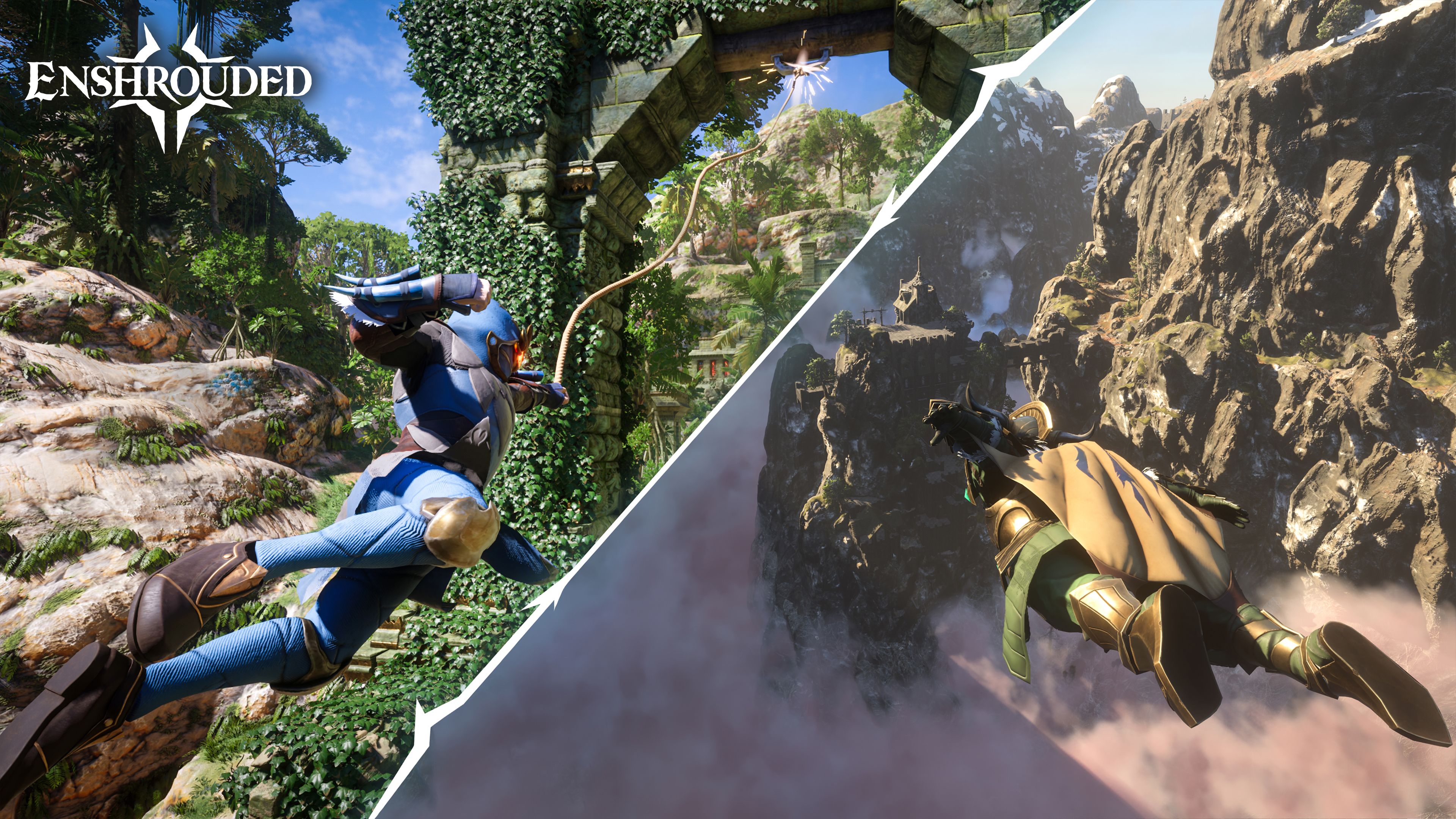 A split promotional image shows grappling through leafy ruins and gliding across a rocky canyon.