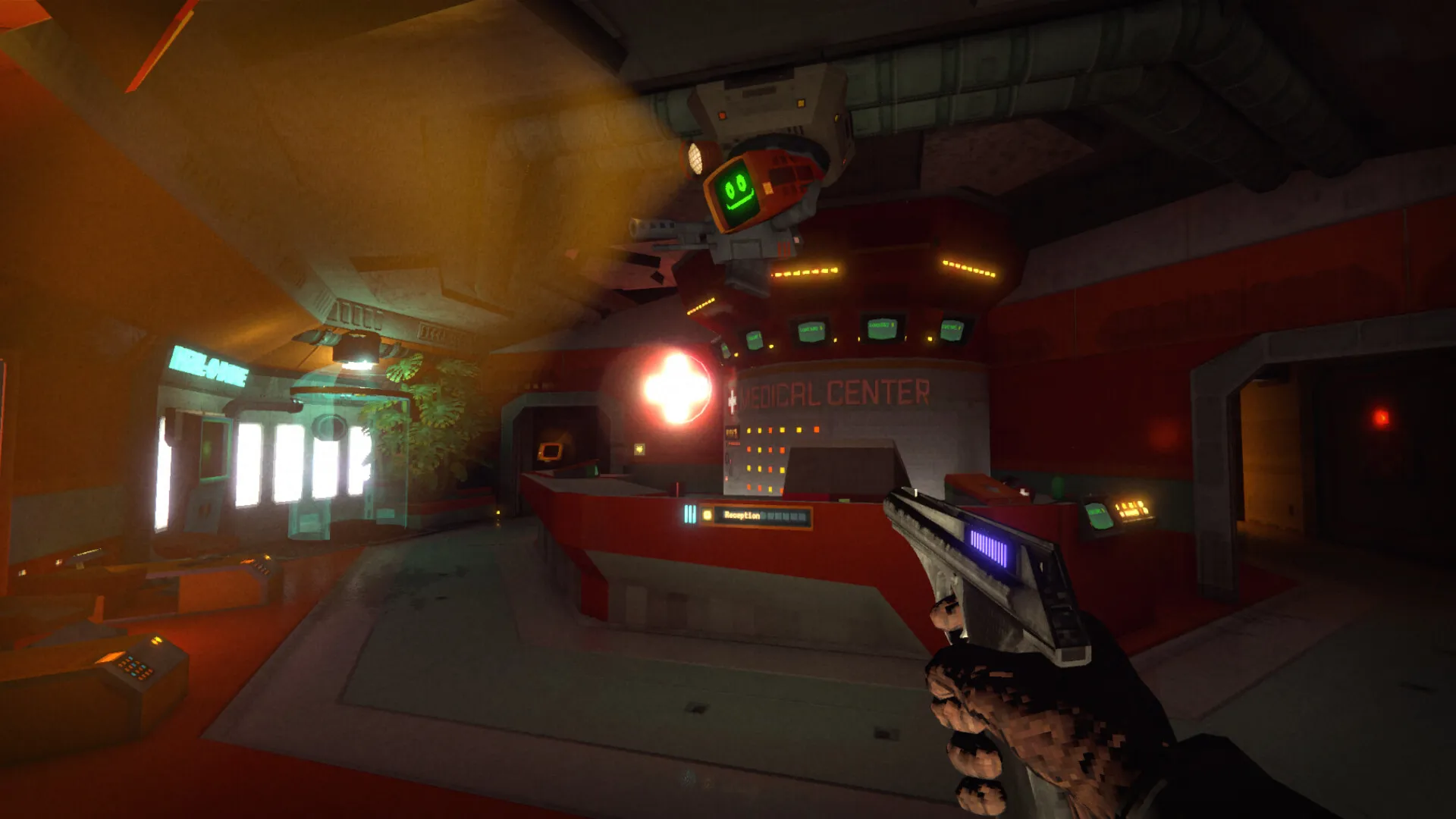 A hovering robot above a medical-centre reception desk, with a pistol in the foreground.