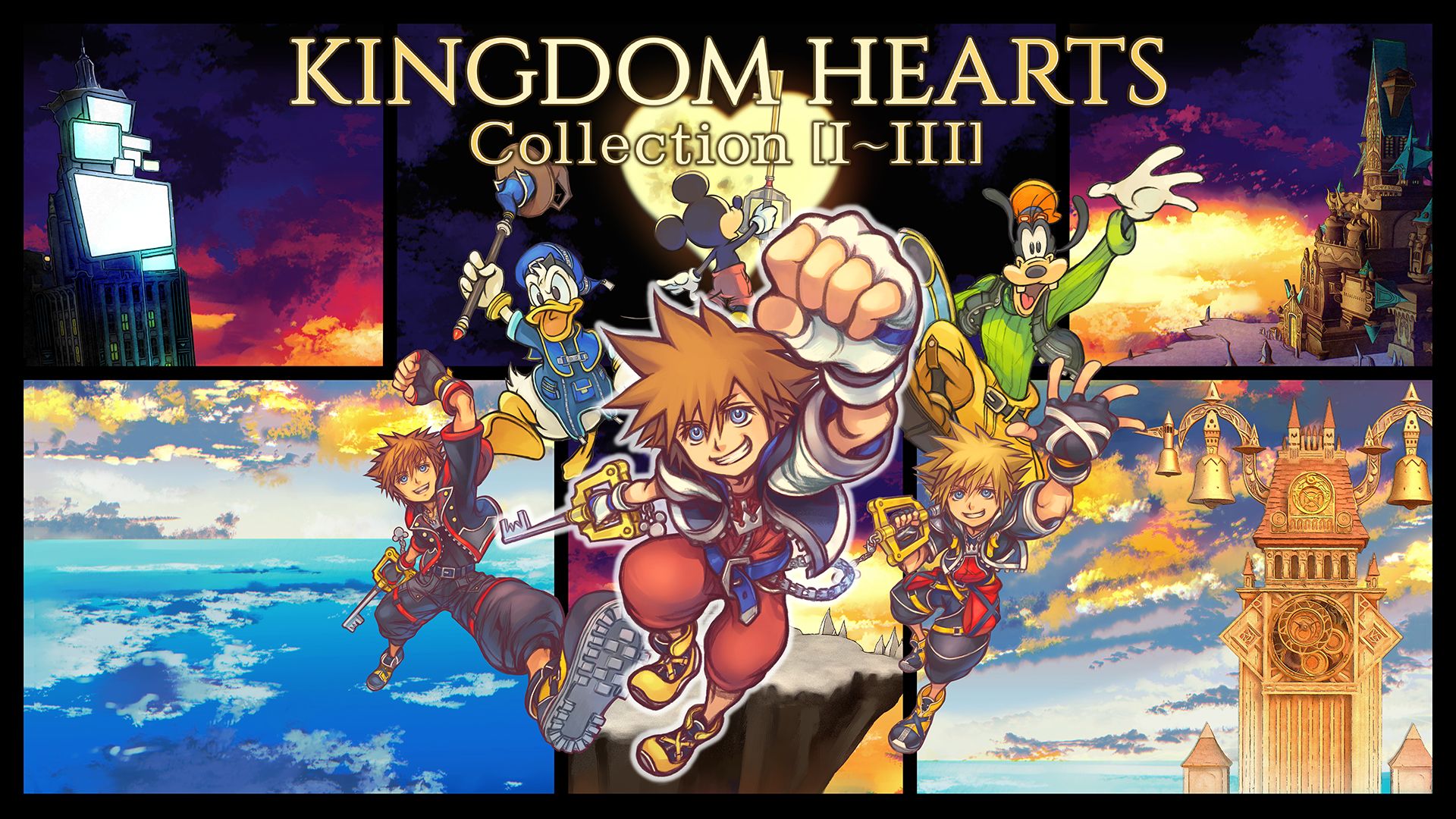 Kingdom Hearts Collection I–III artwork with Sora, Donald, Goofy and Mickey against several Disney-world backdrops.