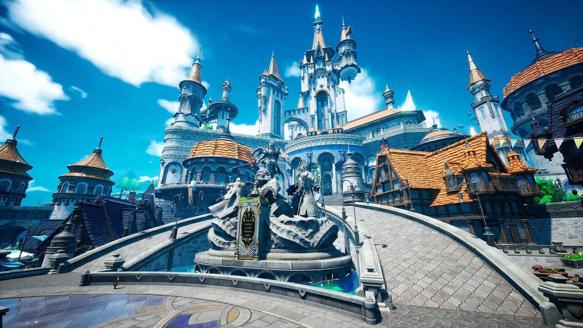 Official DragonSword: Awakening screenshot showing a party of characters moving through a bright fantasy landscape.