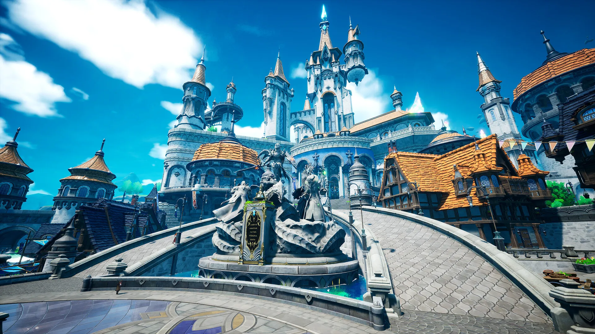 Official DragonSword: Awakening screenshot showing a party of characters moving through a bright fantasy landscape.