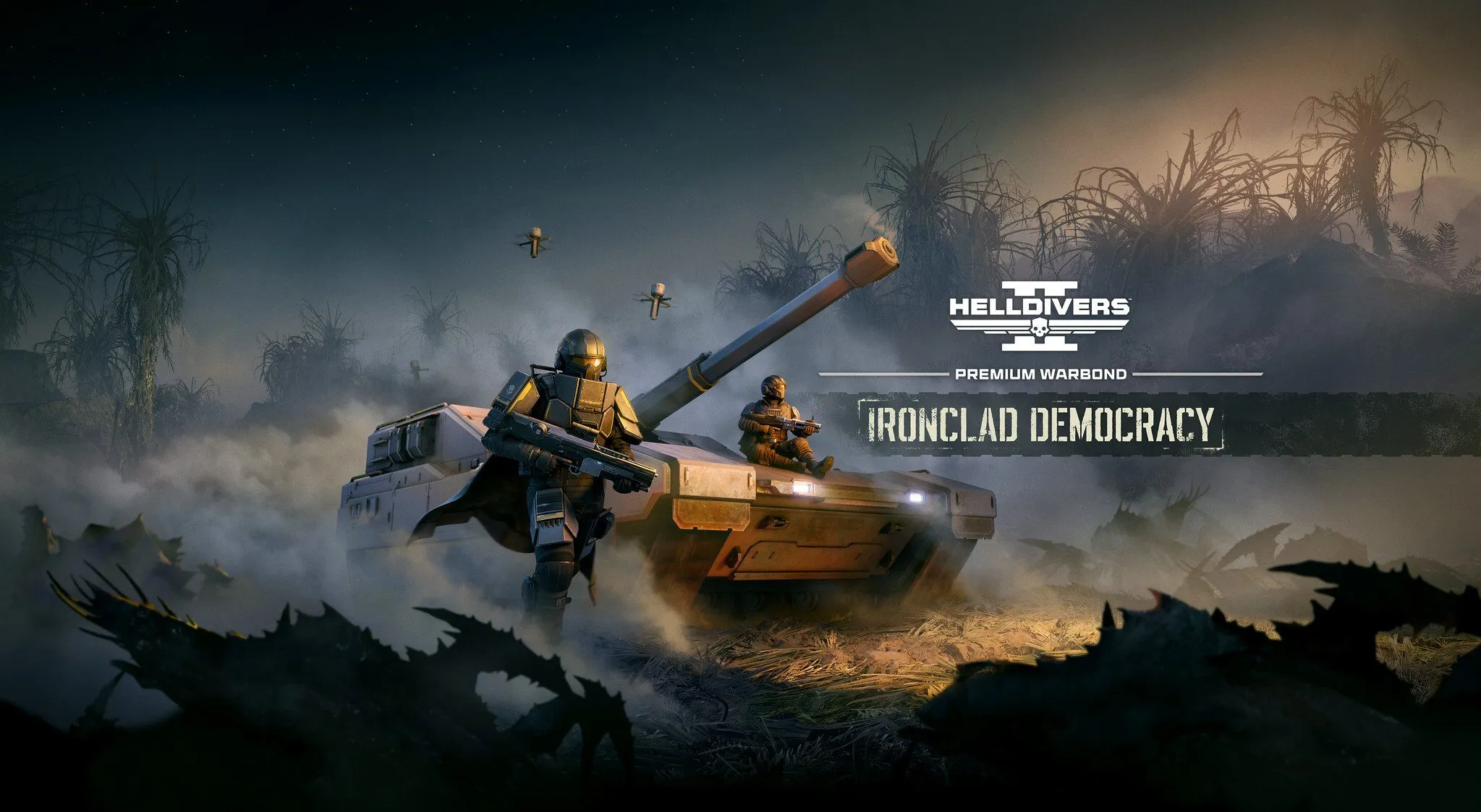 Official Helldivers 2 Ironclad Democracy Warbond art showing armored Helldivers and military vehicles.