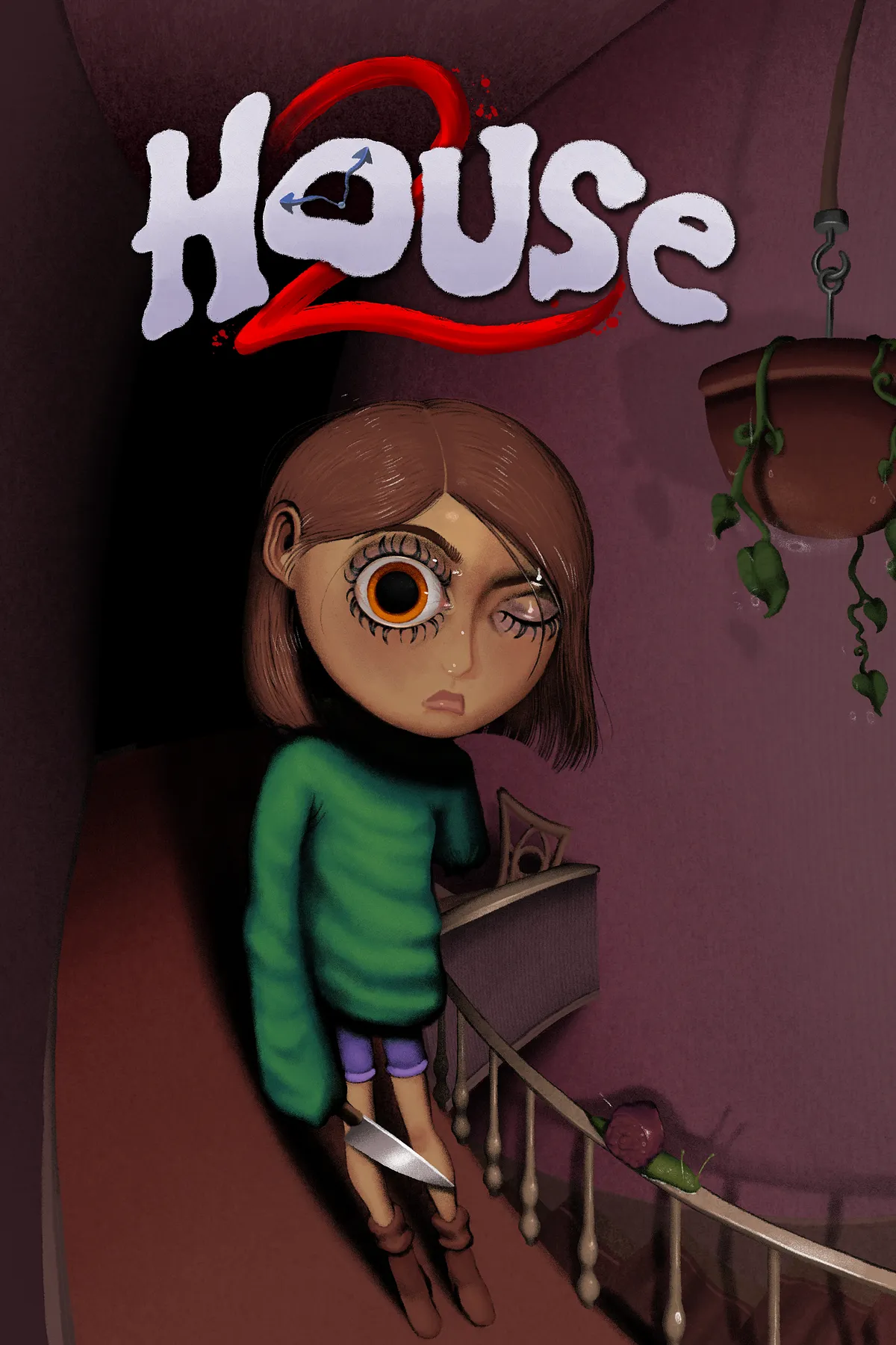 Official House 2 key art from Glowstick Entertainment showing the game's central hand-drawn horror imagery.