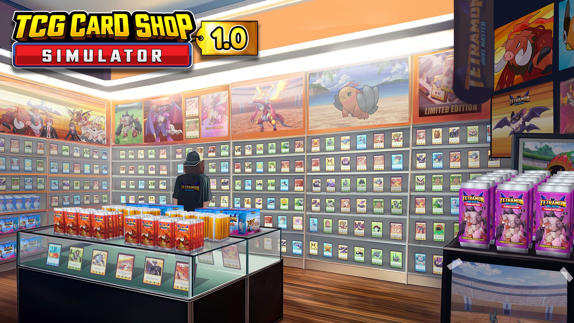 Official Xbox Wire hero art for TCG Card Shop Simulator showing the shop owner and Tetramon-themed key art.