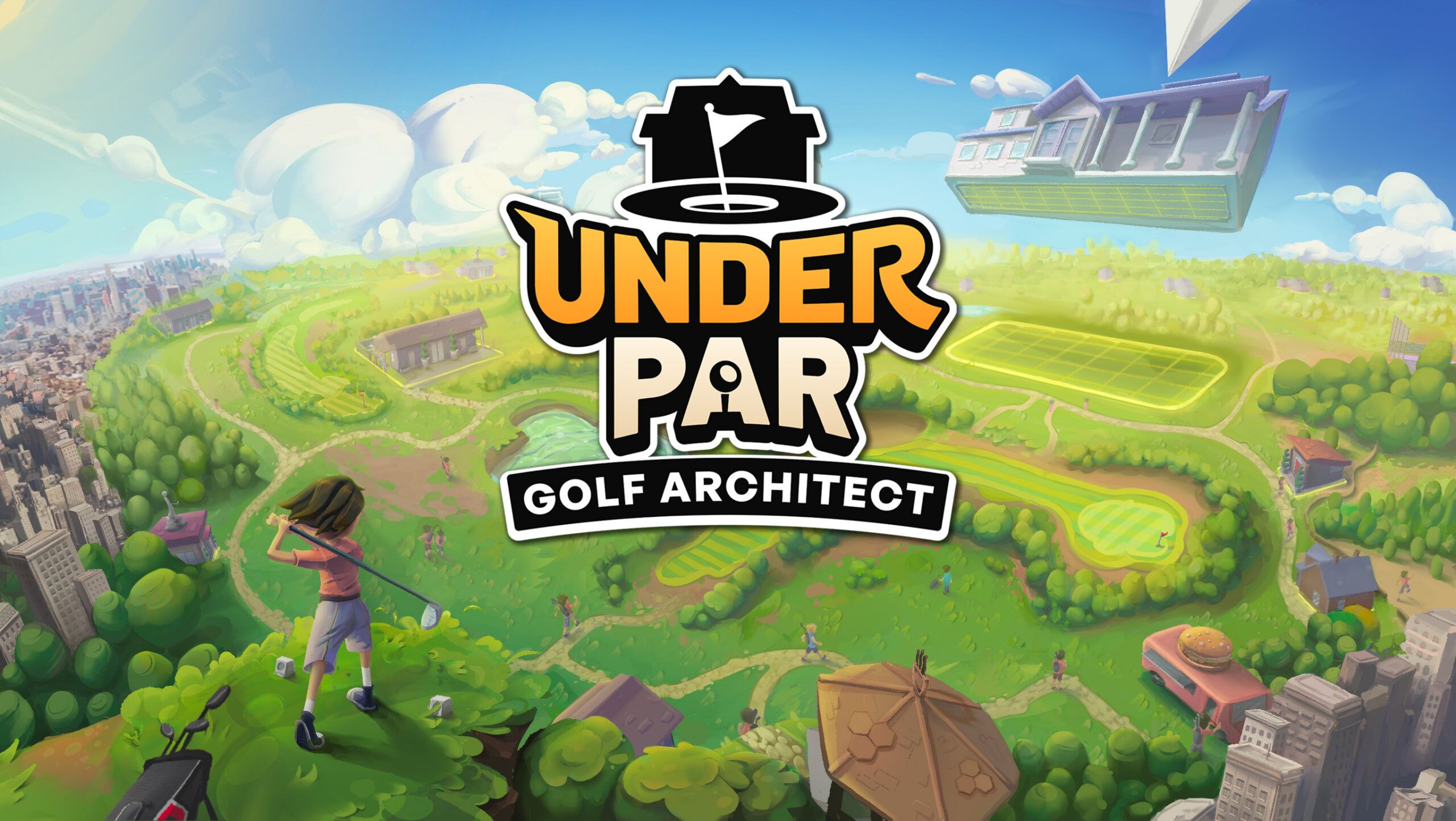 Official Under Par Golf Architect key art from Xbox showing the course-building sim and its bright resort setting.