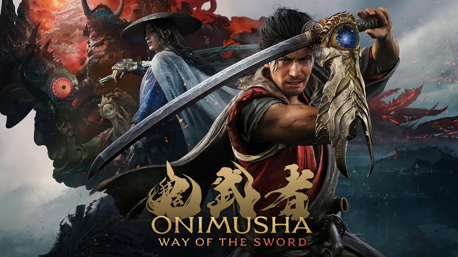 Official Onimusha: Way of the Sword key art from Capcom showing Miyamoto Musashi with the Oni Gauntlet and Genma behind him.