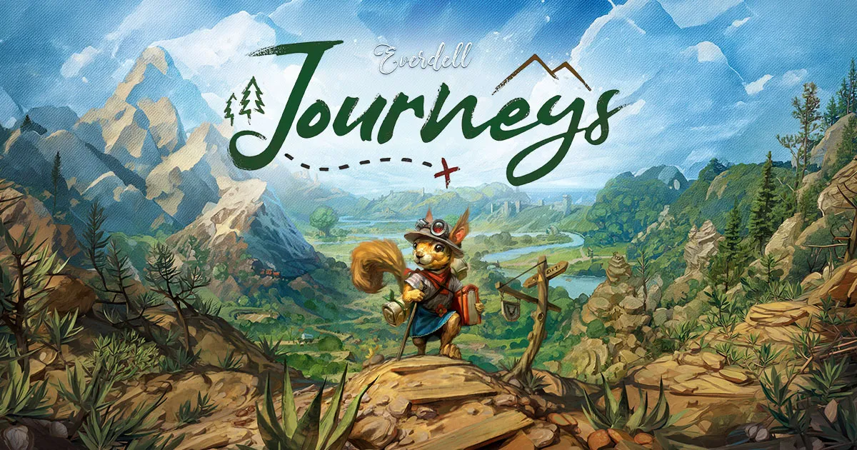 Official Everdell Journeys campaign art showing the game’s woodland setting and its title logo.