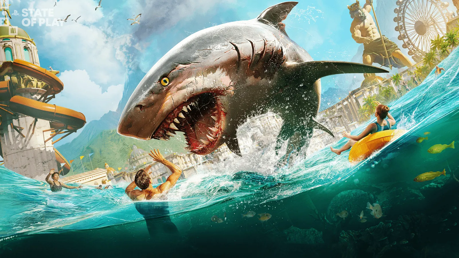 Official Maneater 2 PlayStation Blog hero art showing the shark sequel inside Neptune's Kingdom.