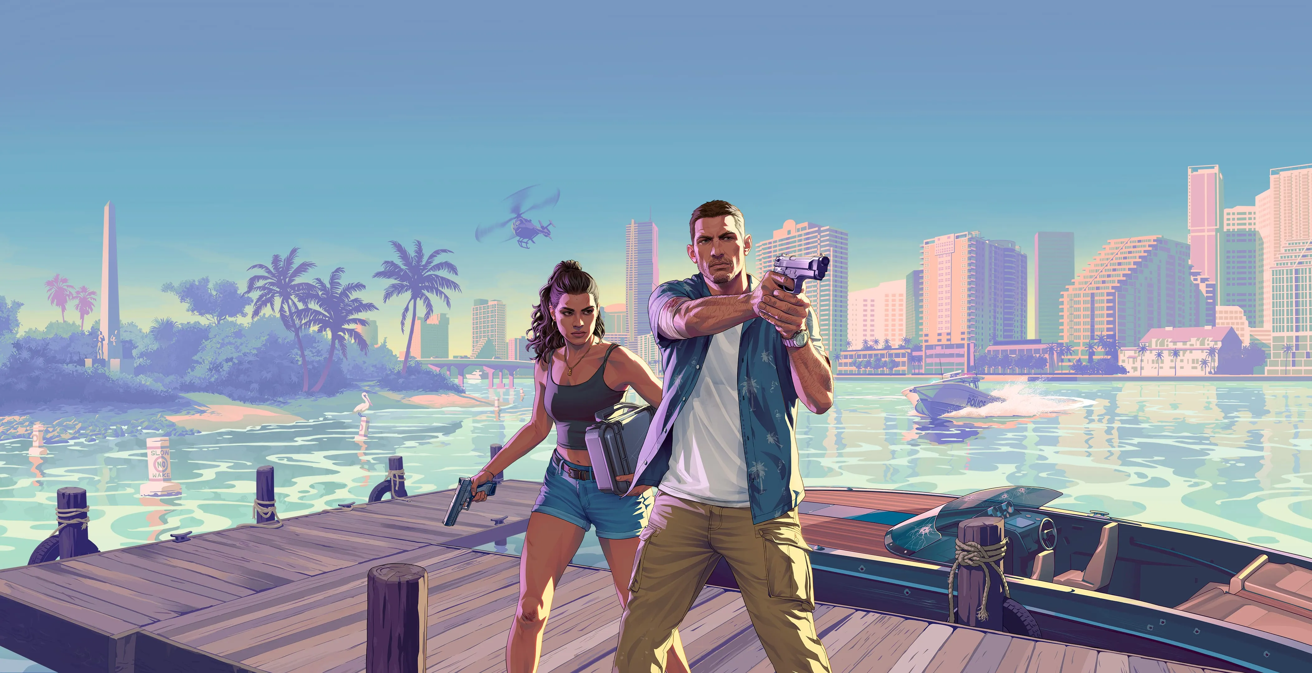 Official Grand Theft Auto VI key art from Rockstar showing Jason and Lucia.