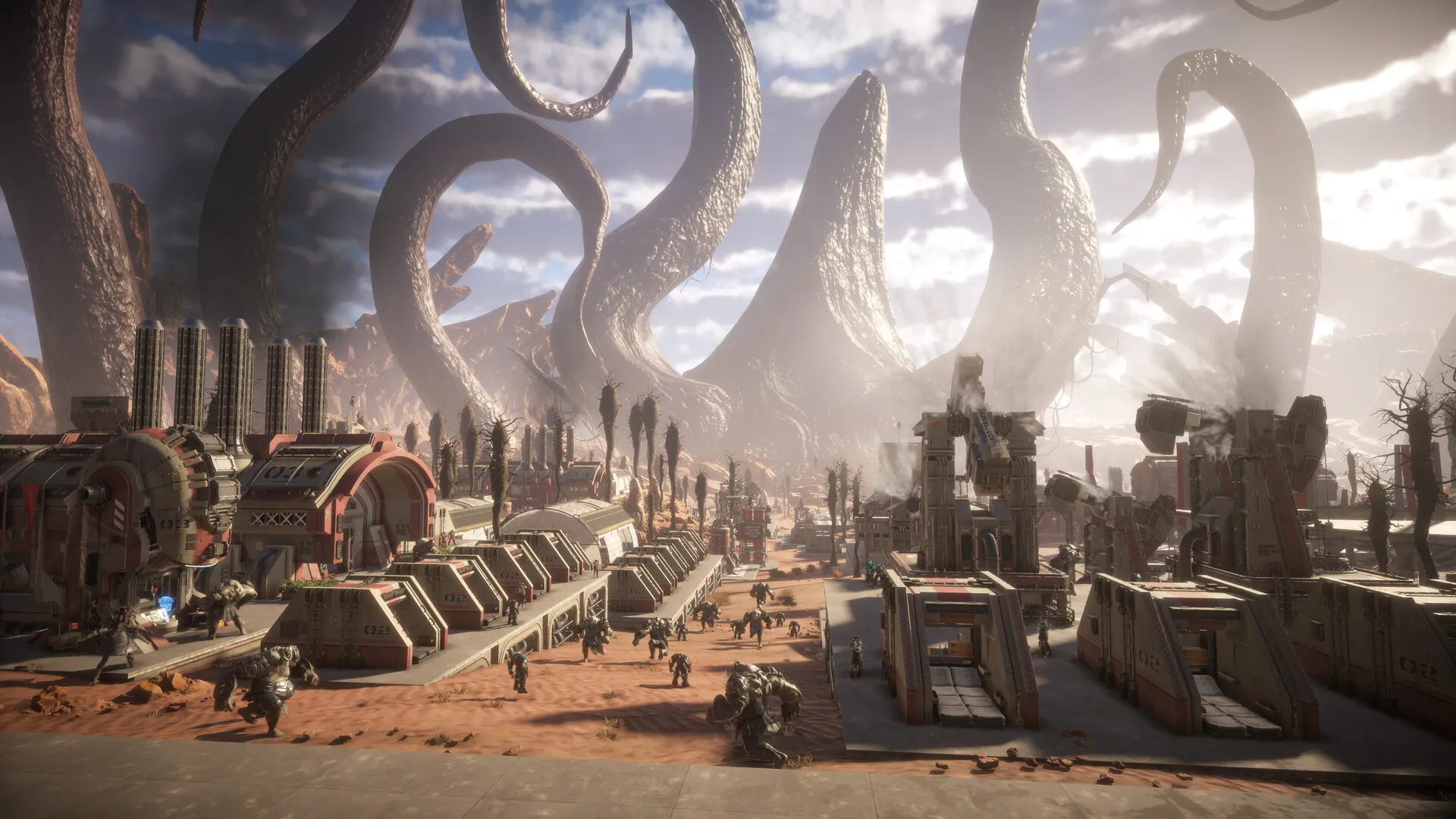 Official Pax Autocratica Steam screenshot showing a desert colony packed with industrial buildings, marching troops, and towering alien tentacles overhead.