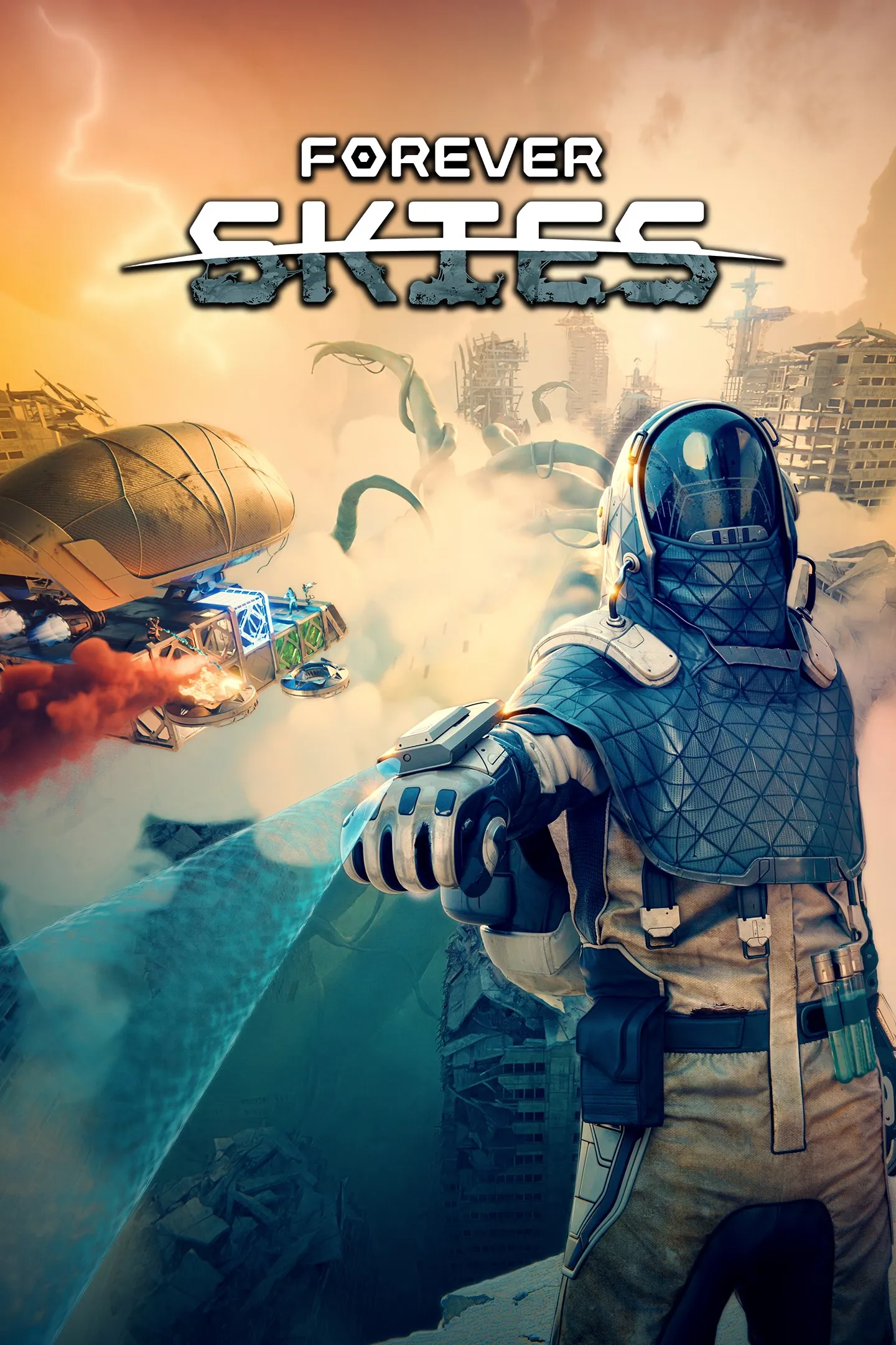 Official Forever Skies key art showing a suited survivor, an airship, and a ruined world above the dust.
