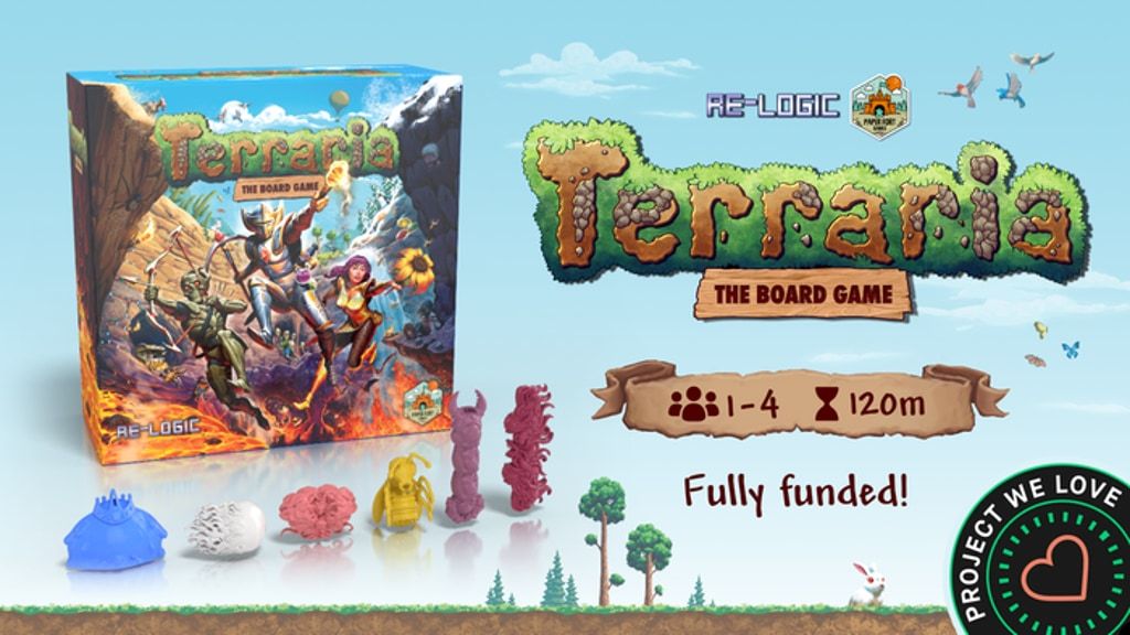 Official Terraria: The Board Game campaign video thumbnail used for GameGuideDog coverage of the project entering its May shipping window.