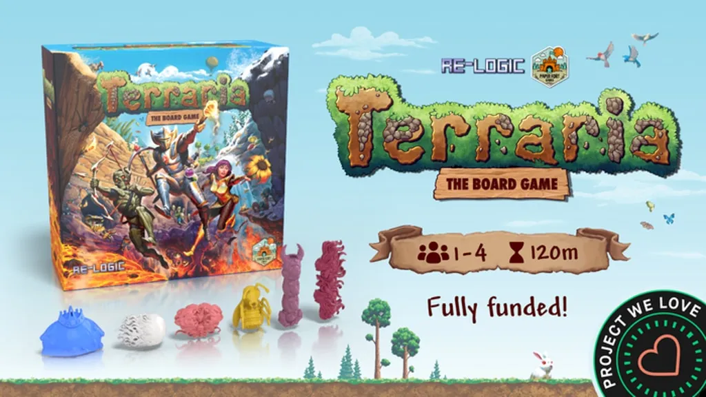Official Terraria: The Board Game campaign video thumbnail used for GameGuideDog coverage of the project entering its May shipping window.