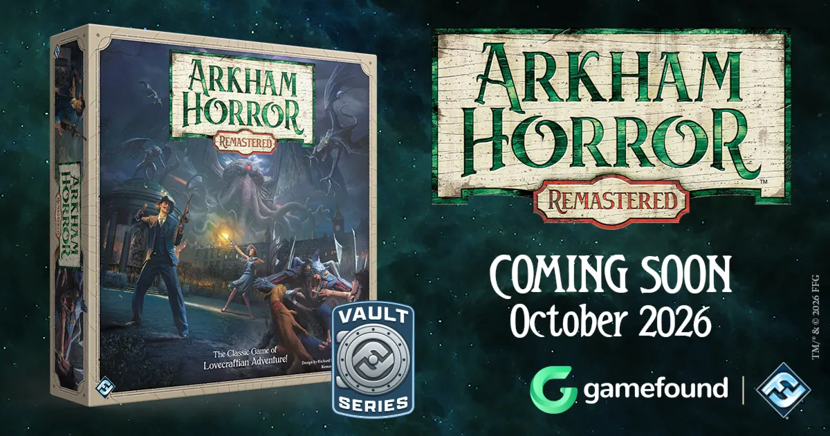 Official Gamefound preview art for Arkham Horror Remastered showing the new box, Vault Series badge, and October 2026 timing.