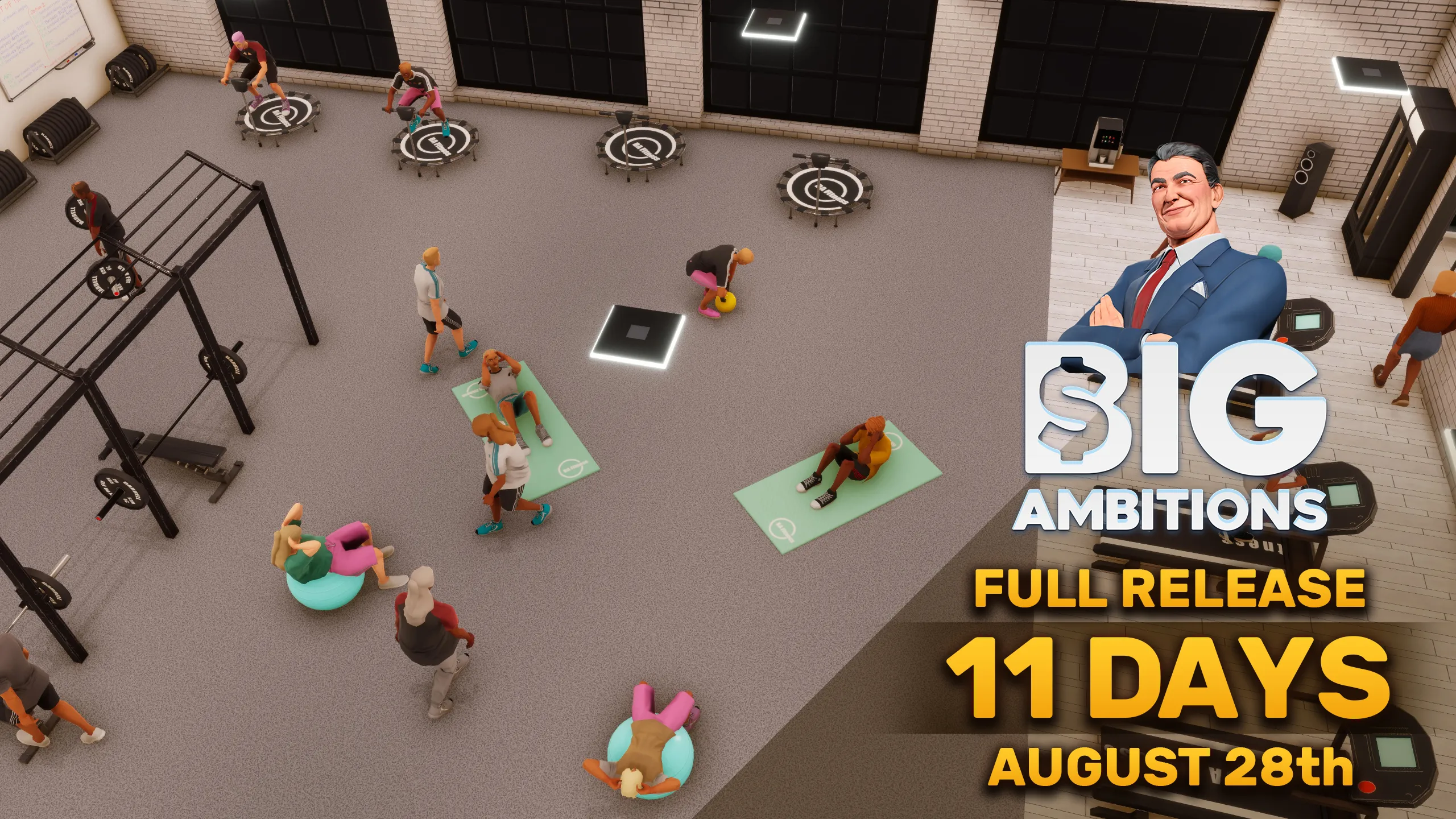 Official Big Ambitions 1.0 announcement art showing the game's New York business-sim presentation.