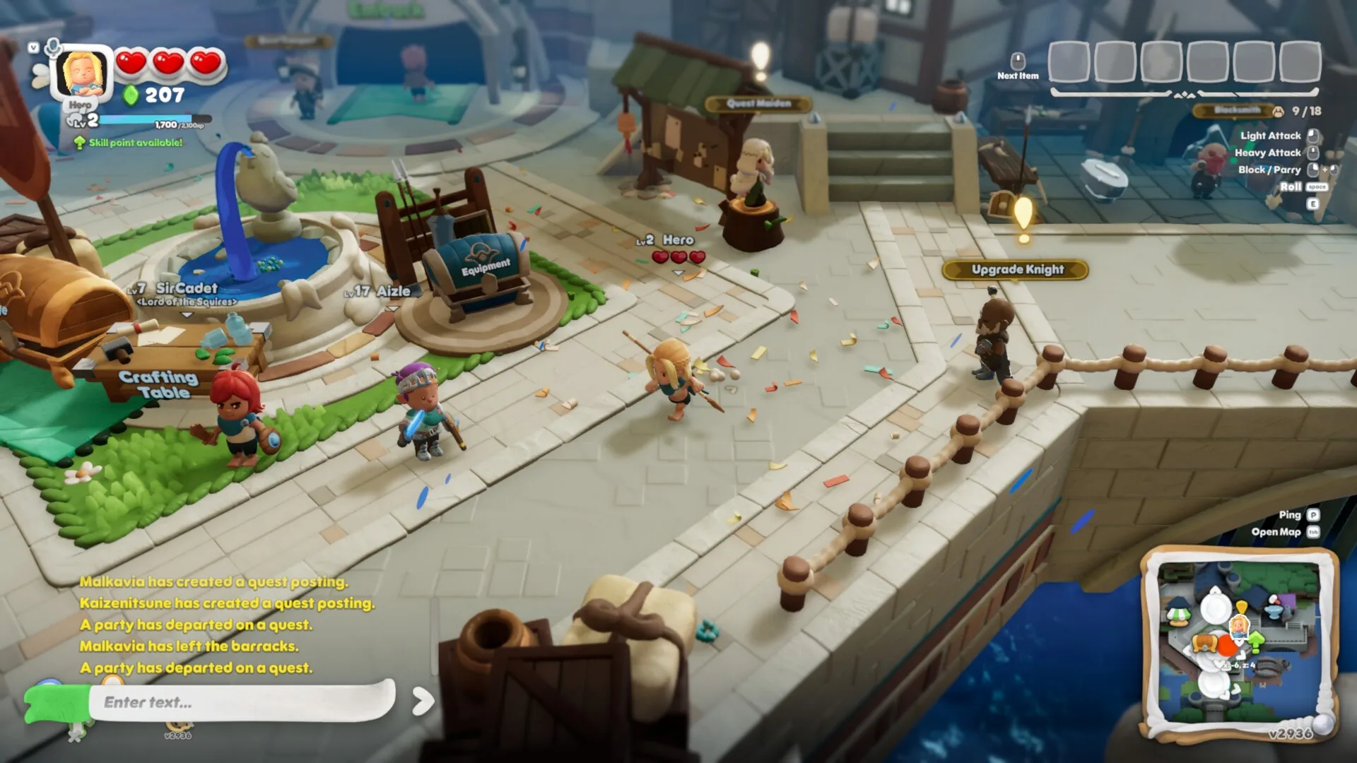 Knights gather beside a fountain, quest stand and equipment stall in the Scramble Knights Online town square.
