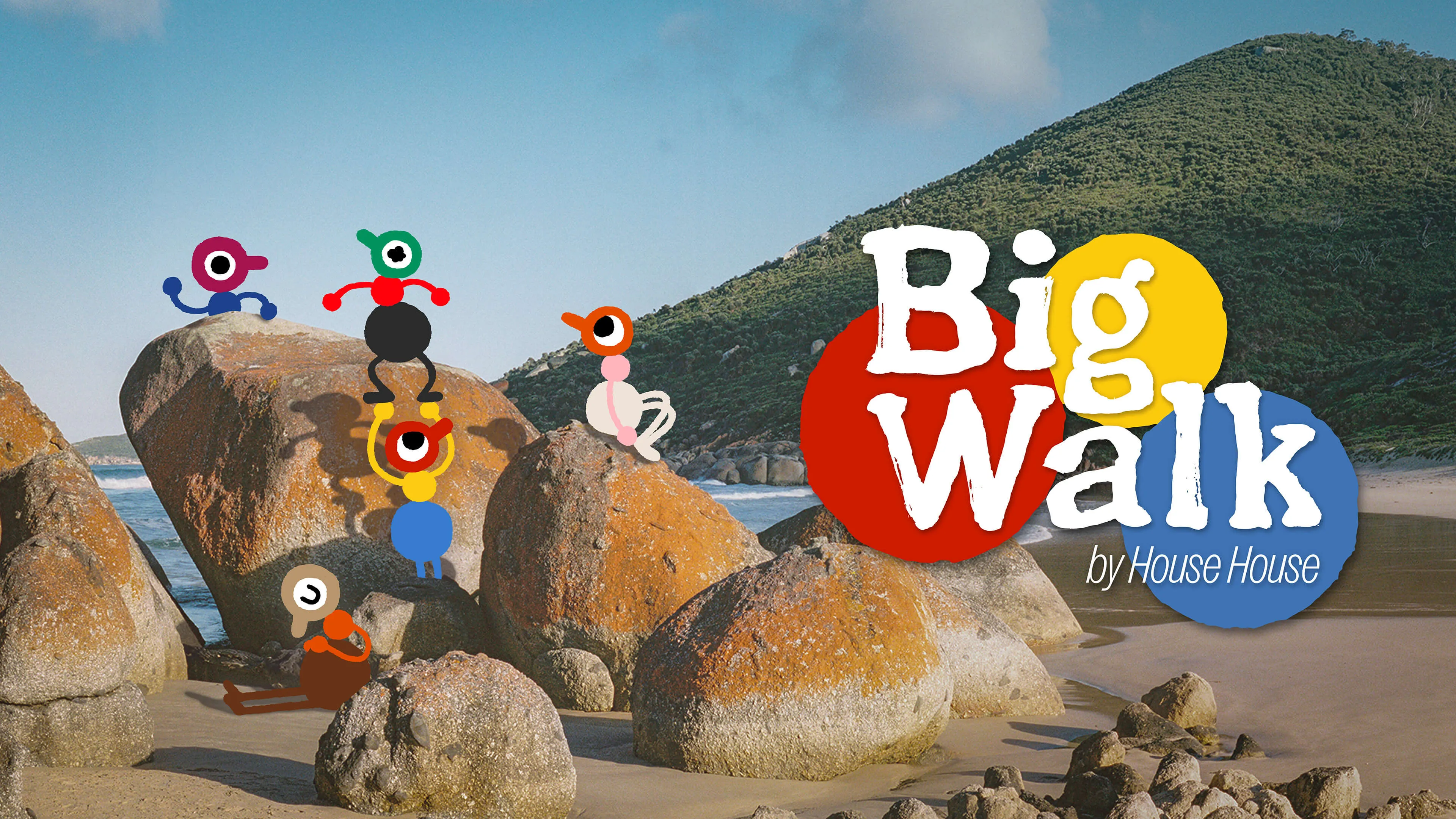Official Big Walk key art showing the game's round-limbed characters walking through a bright outdoor landscape.