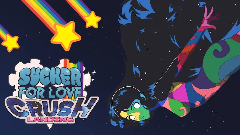 Official key art for Sucker for Love: Crush Landing showing the new comet-themed lead Hheily beside the game's hand-drawn horror-comedy cast.