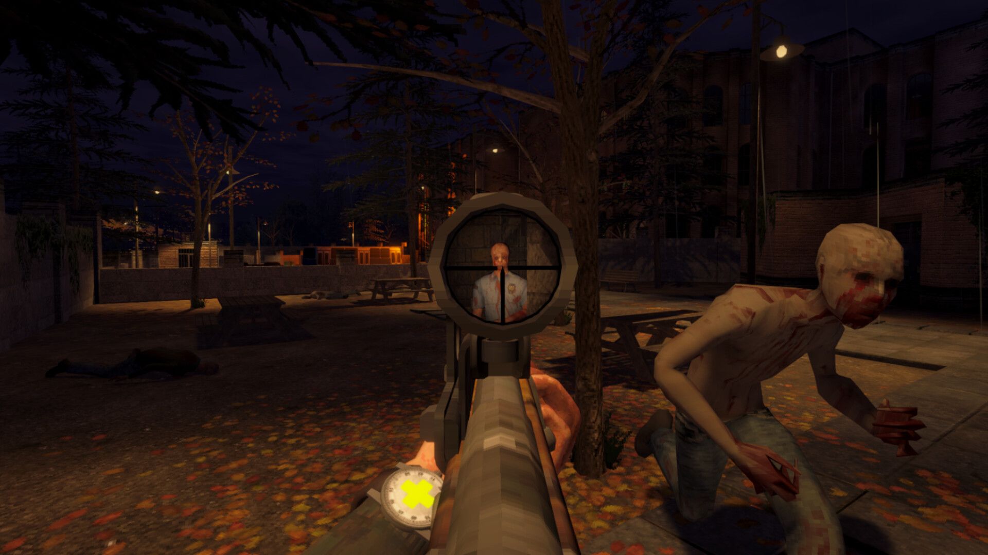 Official Iron Blight screenshot showing the player aiming a rifle at a pale enemy in a dark courtyard.