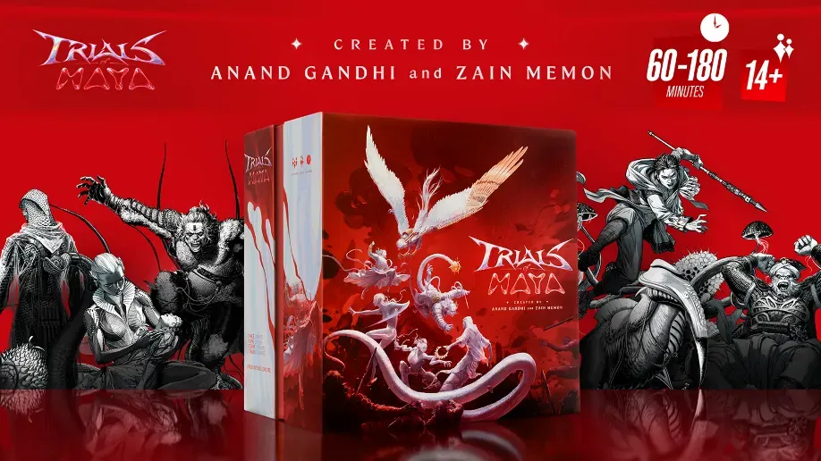 Official Trials of MAYA box art showing the fantasy arena combat board game and its illustrated champions.