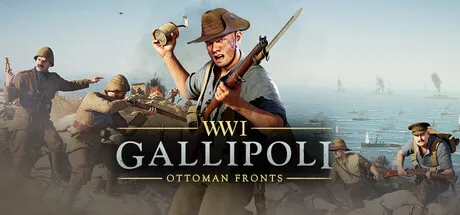 Official Gallipoli Steam header art showing WW1 soldiers advancing through a battlefield scene.