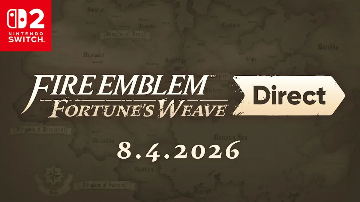 Official Fire Emblem: Fortune's Weave key art showing four heroes gathered against the backdrop of the Dagdan Empire.