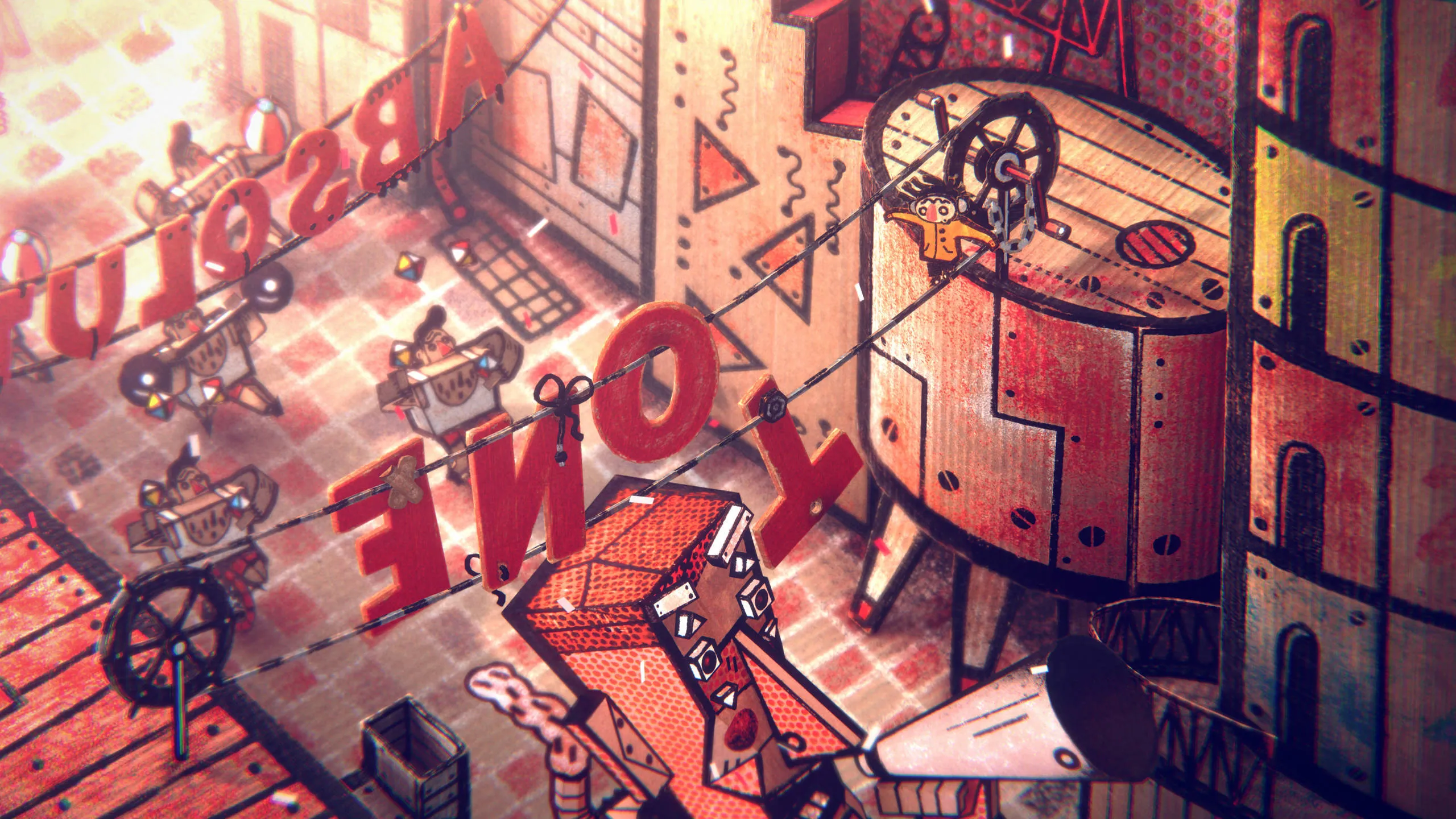 Official Phonopolis key art from Amanita Design showing Felix moving through the game's cardboard-built dystopian city.