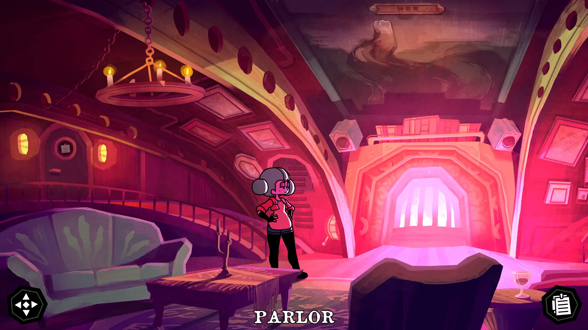 Official The Mermaid Mask Steam screenshot showing Sally standing in the submarine parlor under bright pink light.