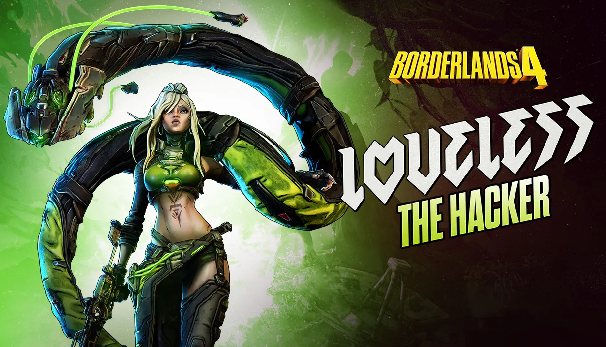 Official Borderlands 4 image showing the new Vault Hunter Loveless in a close-up promo shot.