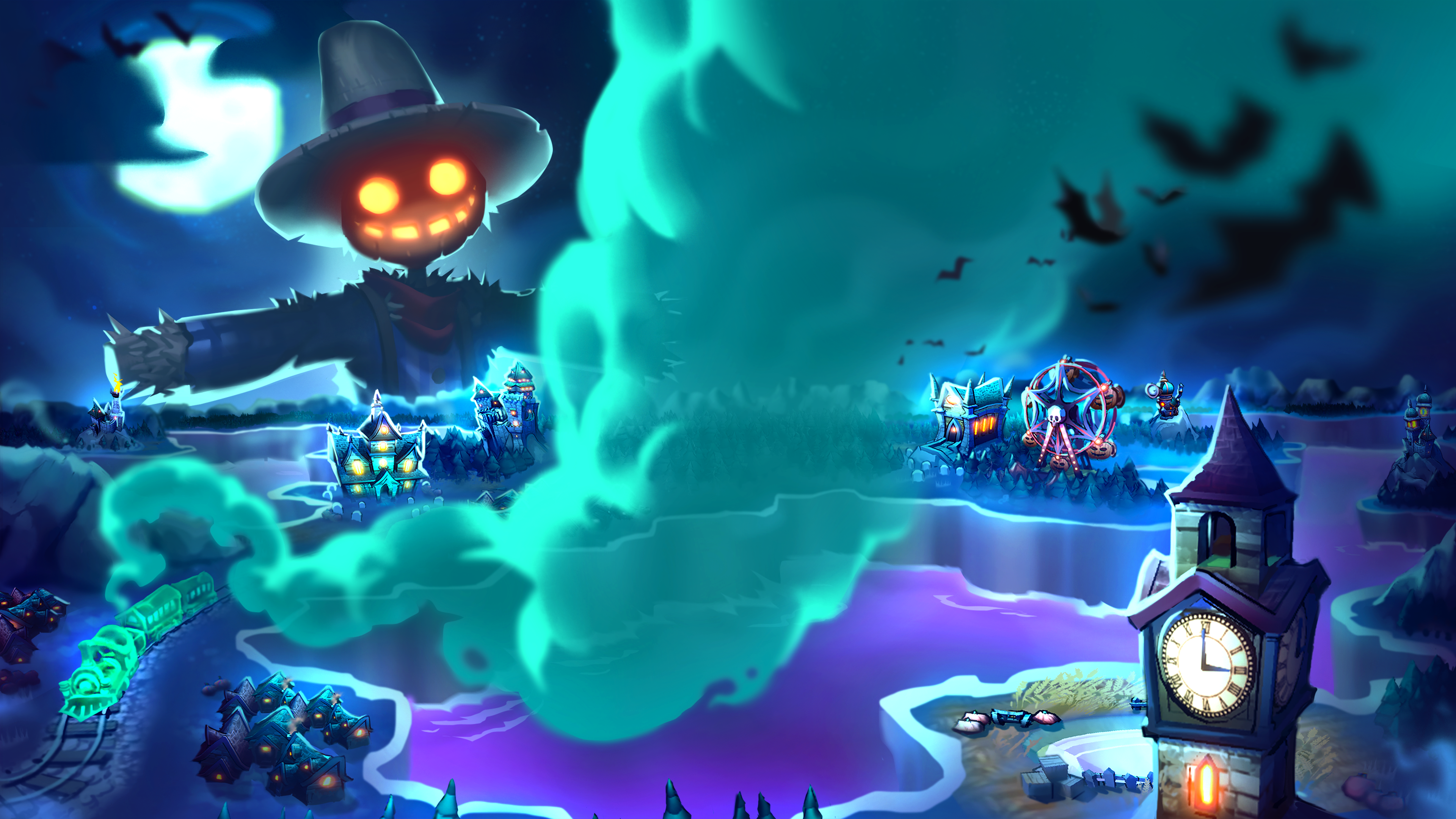 A pumpkin-headed scarecrow looms over haunted islands, a ghost train and a clocktower.