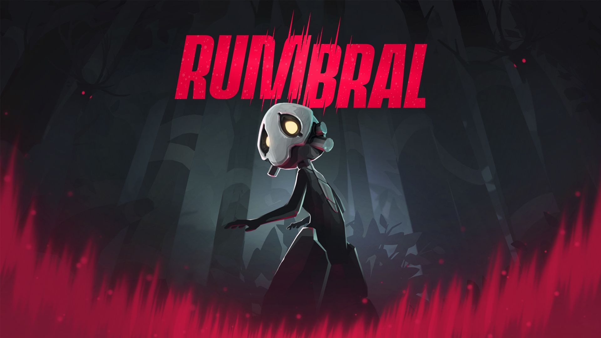 Official Rumbral key art showing the game’s dark forest setting and magenta glow.