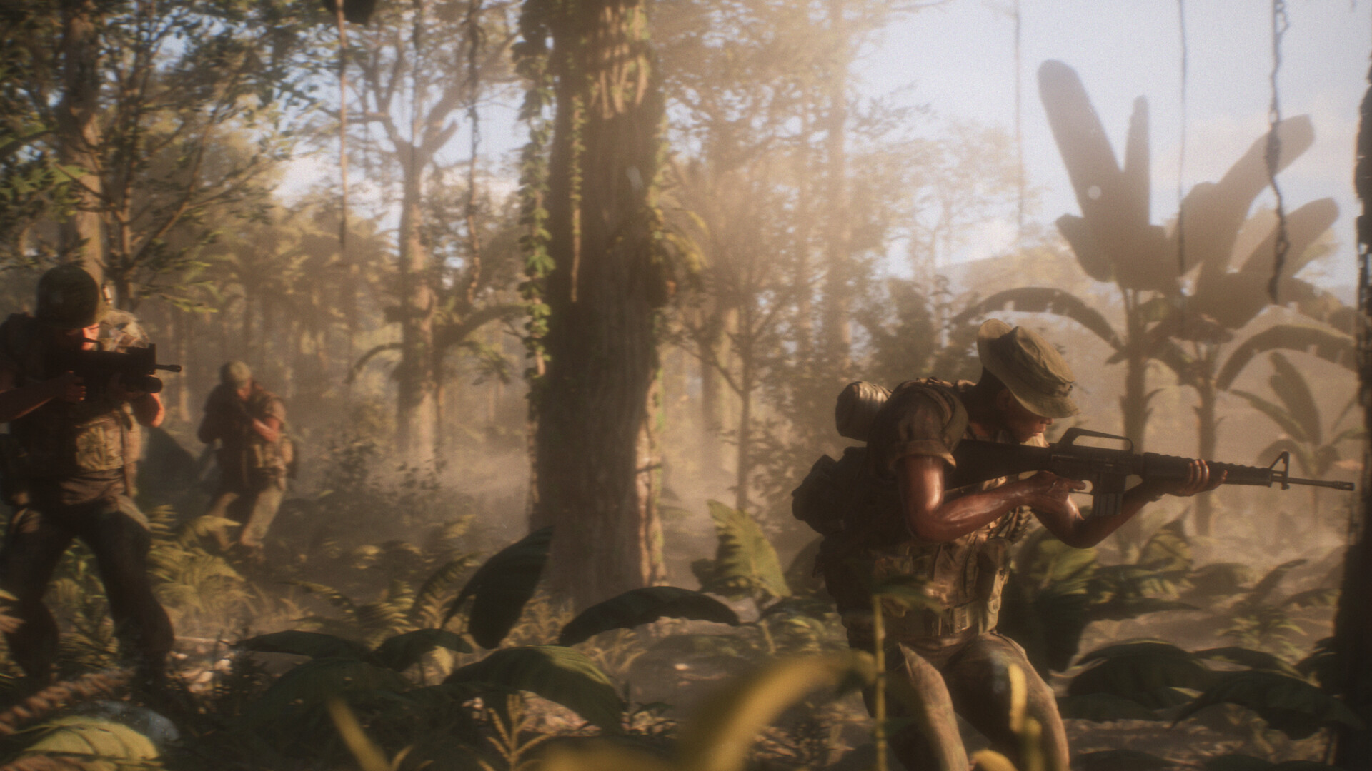 Official Hell Let Loose: Vietnam screenshot showing soldiers pushing through a dense jungle firefight.