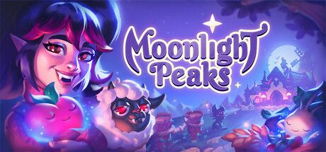 Official Moonlight Peaks key art showing a smiling purple-haired vampire beside a fluffy creature, moonlit crops, and a glowing gothic town.