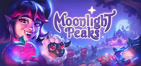 Official Moonlight Peaks key art showing a smiling purple-haired vampire beside a fluffy creature, moonlit crops, and a glowing gothic town.
